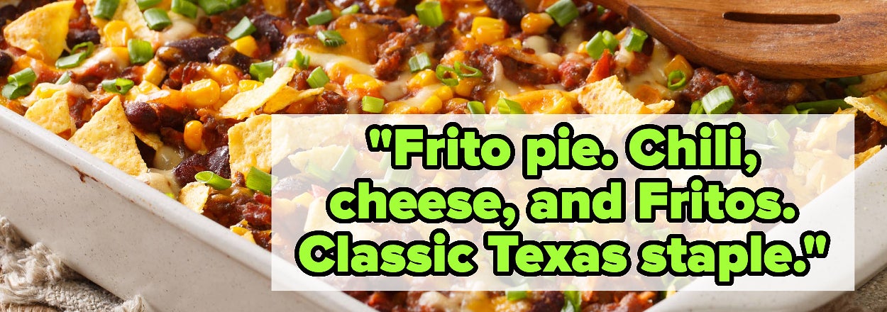 A dish of Frito pie topped with chili, cheese, Fritos, and chopped green onions with a wooden spoon resting on top. Text reads: "Frito pie. Chili, cheese, and Fritos. Classic Texas staple."