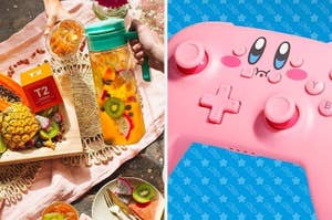 Left: A vibrant summer fruit tea setup with a pitcher of fruity drink, fruits, and T2 tea box. Right: A pink video game controller with a Kirby design