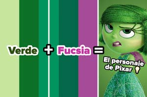 Personaje de Disney Pixar con expresión disgustada a la derecha. Texto: "Verde + Fucsia = El personaje de Pixar"