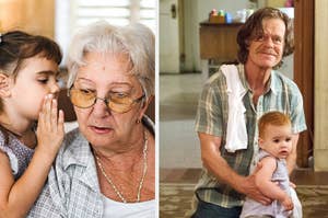 A young girl whispers to an elderly woman on the left, while William H. Macy holding a baby sits on the right