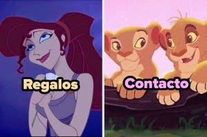 Megara sostiene una flor en la imagen a la izquierda, y los personajes de El Rey León, Simba y Nala, descansan sobre un tronco en la imagen a la derecha