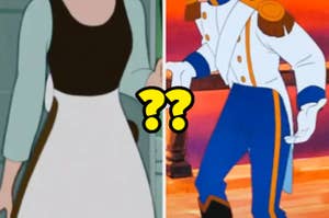 Cinderella in her maid outfit and Prince Charming in his royal attire, with question marks between them