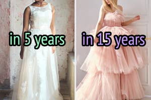 On the left, a bride wearing a sleeveless wedding dress with a lace overlay labeled in 5 years, and on the right, a bride wearing a strapless tiered wedding dress labeled in 15 years