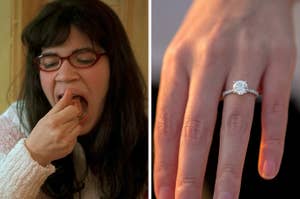 On the left, America Ferrera eating flan as Betty on Ugly Betty, and on the right, someone showing off a diamond engagement ring