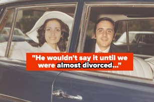 A woman and a man sit in a car; she wears a white hat and blouse. Text over the image says, "He wouldn't say it until we were almost divorced..."