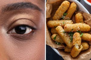 On the left, a closeup of an eye, and on the right, some mozzarella sticks