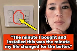 A face and hand are shown next to a light switch with a red circle and arrow pointing to one switch. Text reads: "The minute I bought and installed this was the minute my life changed for the better."