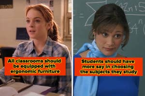 Split image with text: 
Left side: Woman with ponytail in a classroom. Text: "All classrooms should be equipped with ergonomic furniture."
Right side: Woman with blue scarf in front of a chalkboard. Text: "Students should have more say in choosing the sub