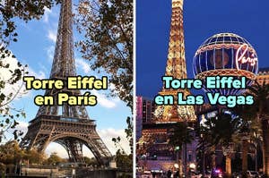 Imagen dividida: a la izquierda la Torre Eiffel en París de día y a la derecha la Torre Eiffel en Las Vegas iluminada de noche