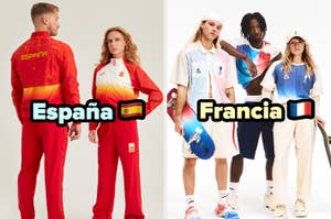 A la izquierda, dos personas con ropa de equipo de España. A la derecha, tres personas con ropa de equipo de Francia, una sosteniendo una patineta. 