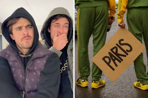 Two men, both wearing hoodies and chains, pose on the left; two people in green tracksuits hold a cardboard sign reading "PARIS" on the right