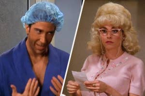 David Schwimmer in a blue robe and Teri Garr with blonde hair and glasses in a pink cardigan scene from "Friends."