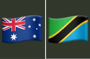 The image shows the flags of Australia (left) with a Union Jack and stars, and Tanzania (right) with green, black, and blue diagonal stripes