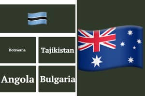 Botswana, Tajikistan, Angola, and Bulgaria text on green background, with a split screen showing the flag of Botswana on the left and the flag of Australia on the right