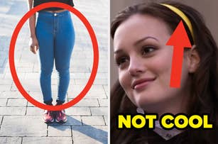 Left, a person wearing high-waisted skinny jeans; right, Blair Waldorf with an arrow pointing to her headband with text "NOT COOL"