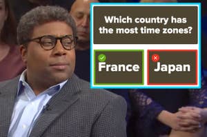 Kenan Thompson furrowing his brows in confusion in an SNL sketch next to a screenshot of the question which country has the most time zones with Japan incorrectly selected as the answer