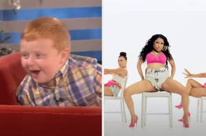 A young boy laughing on a talk show next to a scene of Nicki Minaj dancing in a pink top and jean shorts with backup dancers, seated on chairs