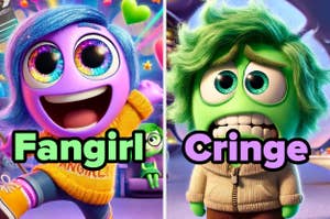 Personajes de Fangirl y Cringe de estilo animado, con expresiones exageradas que reflejan sus nombres. Texto: "Fangirl" y "Cringe"