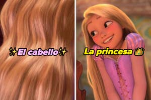 Imagen dividida en dos. La parte izquierda muestra el cabello largo y ondulado de Rapunzel. La parte derecha muestra a Rapunzel sonriendo y mirando hacia un lado