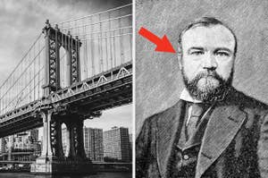 Drawing of businessman Andrew Carnegie next to a photo of the Manhattan Bridge in New York City