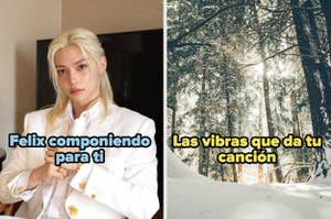 Imagen dividida en dos. A la izquierda, una persona con cabello largo y rubio, con traje blanco. Texto: "Felix componiendo para ti". A la derecha, un bosque nevado con el sol brillando. Texto: "Las vibras que da tu canción"