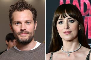 Jamie Dornan and Dakota Johnson. Jamie Dornan wears a casual outfit. Dakota Johnson in a formal dress with a choker necklace