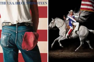 The image shows the "Born in the U.S.A." album cover by Bruce Springsteen on the left, and a person in a patriotic costume on a white horse holding an American flag on the right