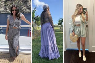 From left to right: Three reviewers in stylish summer outfits. First: white and black patterned matching set, second: light purple halter open back dress, third: white shirt and green striped shorts set