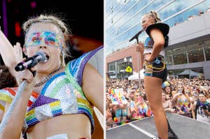 JoJo Siwa performs on stage wearing a sparkly, multicolored outfit with geometric patterns during a vibrant outdoor event. She sings into a microphone