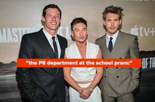 Austin Butler, Barry Keoghan, and Tom Hardy attend the "Masters of the Air" premiere, captioned "the PE department at the school prom:"