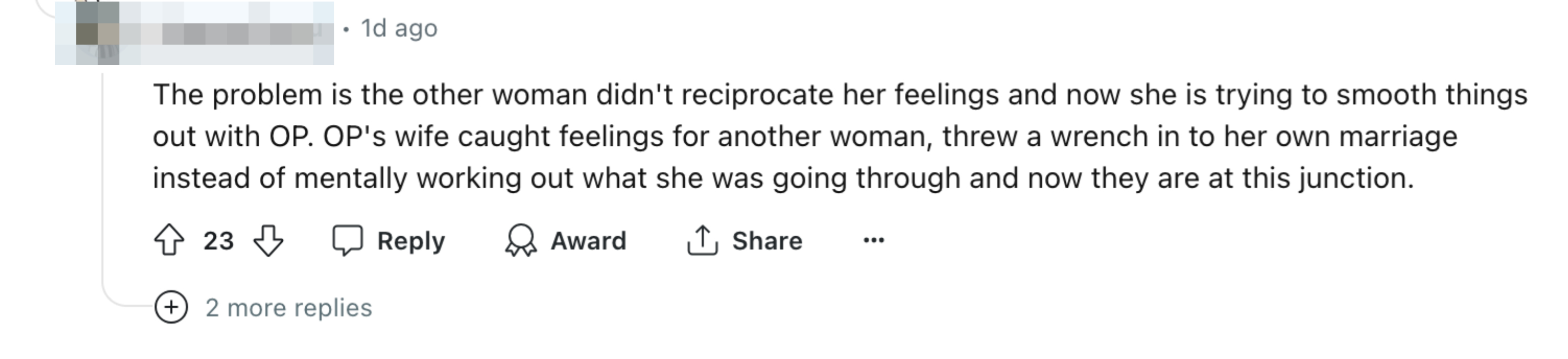 A Reddit comment discussing how one woman didn&#x27;t reciprocate feelings, leading to complications in OP&#x27;s marriage. Section showing 23 upvotes, award, reply, and share options