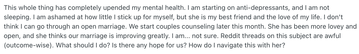 Summary of text: A person shares their struggles with their mental health and marriage, mentioning starting anti-depressants, seeking couples counseling, and asking for advice