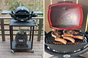 Left: A Weber grill on a wooden deck. Right: Close-up of the grill cooking steaks and sausages