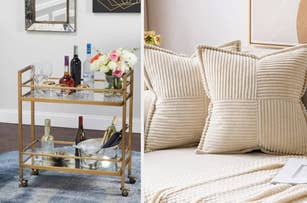 A stylish bar cart with various bottles and glasses is displayed on the left. On the right, a cozy beige couch is adorned with textured throw pillows