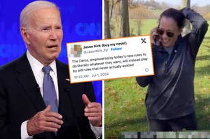 President Biden speaks at an event; inset is a tweet by Jason Kirk. A woman laughs while holding her phone in a scenic outdoor setting