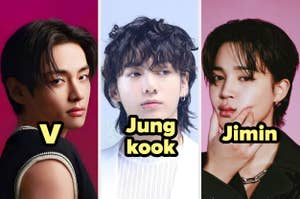 V, Jungkook y Jimin posan para la cámara. Viste atuendos elegantes, cada uno con peinados estilizados distintivamente