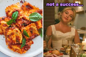 On the left, some ravioli, and on the right, Florence Pugh sitting at a dinner table as Alice in Don't Worry Darling labeled not a success