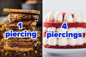 Side-by-side image of a s'more with text "1 piercing" on the left, and a layered red velvet dessert with text "4 piercings" on the right