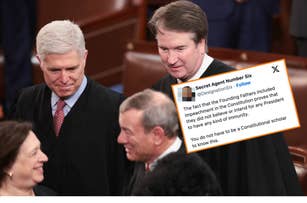 Neil Gorsuch, Brett Kavanaugh, and John Roberts at a public event, with other individuals in the background. A tweet about impeachment and Constitutional intent is overlaid
