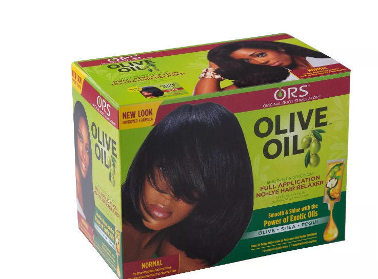 Box of ORS Olive Oil Full Application No-Lye Hair Relaxer featuring a model with straightened hair on the front. Text highlights new look, improved formula