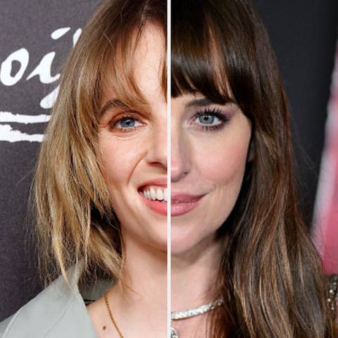 Maya Hawke and Dakota Johnson at a celebrity event. Maya is smiling with a casual hairstyle, while Dakota is wearing a necklace and has styled hair with bangs