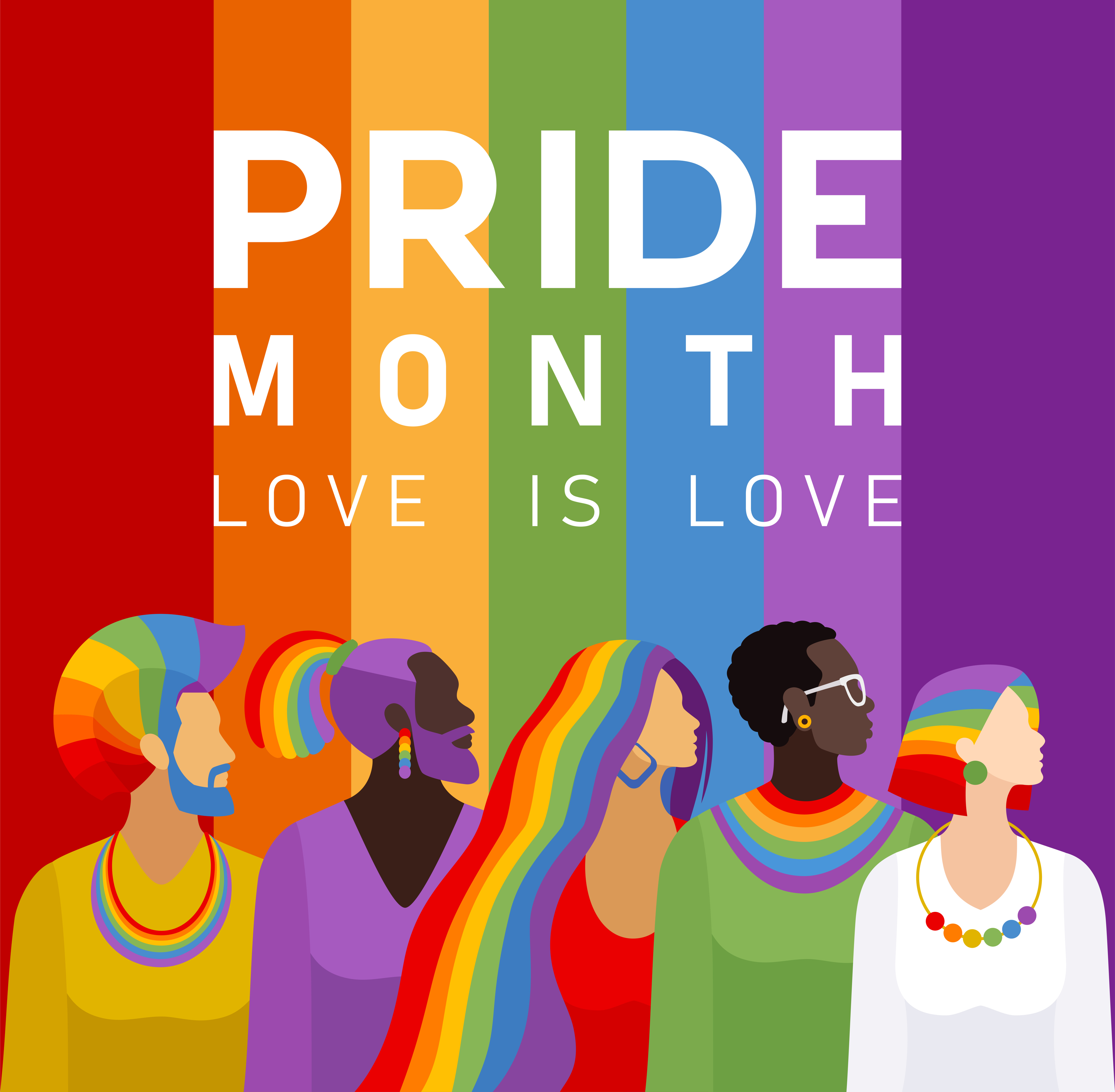 Illustration of diverse people with rainbow-themed hair and outfits, under the text &quot;PRIDE MONTH: LOVE IS LOVE&quot; on a rainbow-striped background