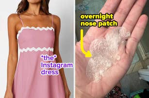 A person in a spaghetti strap dress with a scalloped trim, split with an image of a hand holding an overnight nose patch. Text: "*the* Instagram dress" and "overnight nose patch."