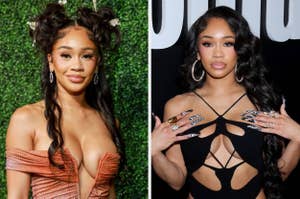 Saweetie in two poses: left, wearing an off-shoulder dress with intricate hairstyles; right, in a cut-out black dress with long wavy hair and detailed nails