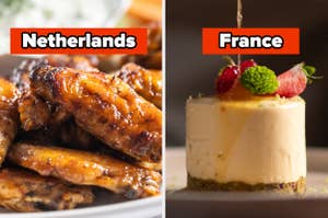 Left: Plate with glazed chicken wings. Netherlands. Right: Fancy dessert with fruits and sauce. France