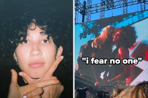 Person with curly hair posing with fingers near face. Right: The same person on a large concert screen, leaning in to kiss someone, with the text "i fear no one."