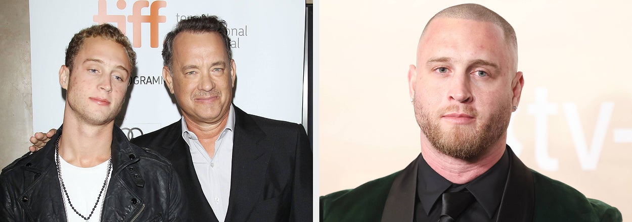 Chet Hanks in a leather jacket with Tom Hanks in a suit posed at TIFF event (left); Chet Hanks in a suit at a red carpet event (right)