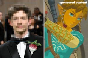 Unknown person in formal attire with a strawberry decoration on a tuxedo, next to Link, a character from The Legend of Zelda video game series