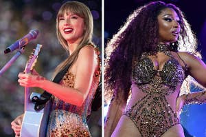 Left: Taylor Swift performing with an acoustic guitar Right: Megan Thee Stallion in a sparkling outfit on stage