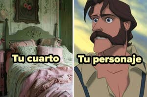 Imagen dividida: izquierda muestra una cama con edredón texturizado y almohadas decorativas, a la derecha un personaje animado con bigote. Texto: "Tu cuarto" y "Tu personaje"